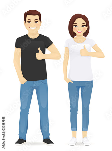 Smiling man and woman showing thumb up gesture vector illustration