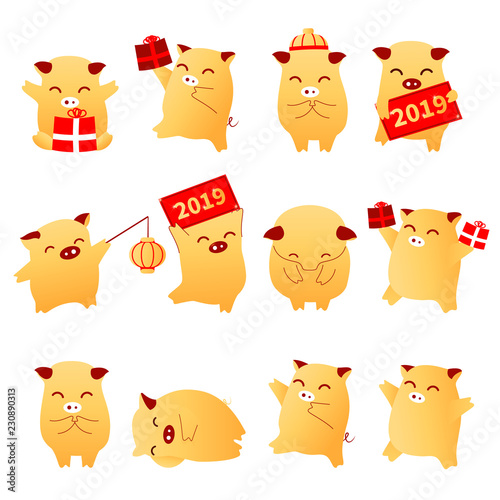 2019 Year of the Pig flat cartoon characters traditional oriental chinese zodiac pigs set.Chinese lanterns,Funny happy asian mascot character piglets with gift boxes,banners,vector illustration