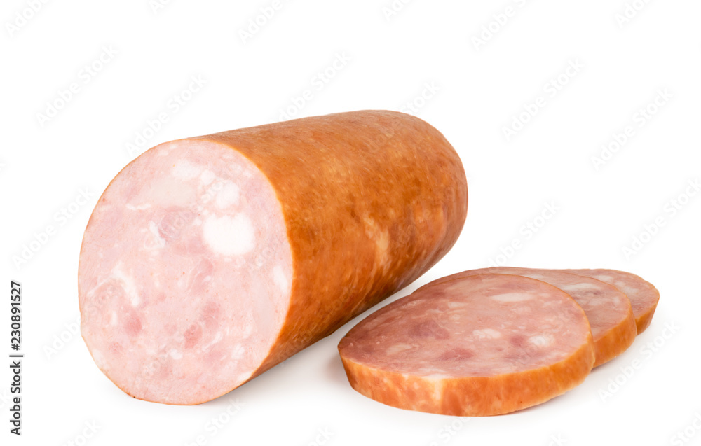Rocking sausage and sliced slices on a white. Close up