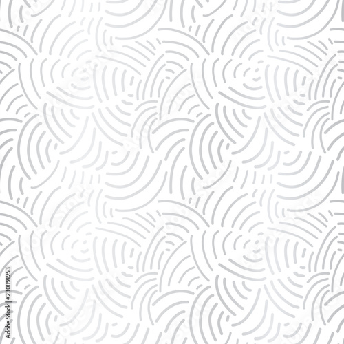 Elegant silver foil abstract background. Curved lines seamless pattern metallic silver on white. Handdrawn vector texture. Modern, abstract mosaic art for celebrations, Christmas, New Year, wedding