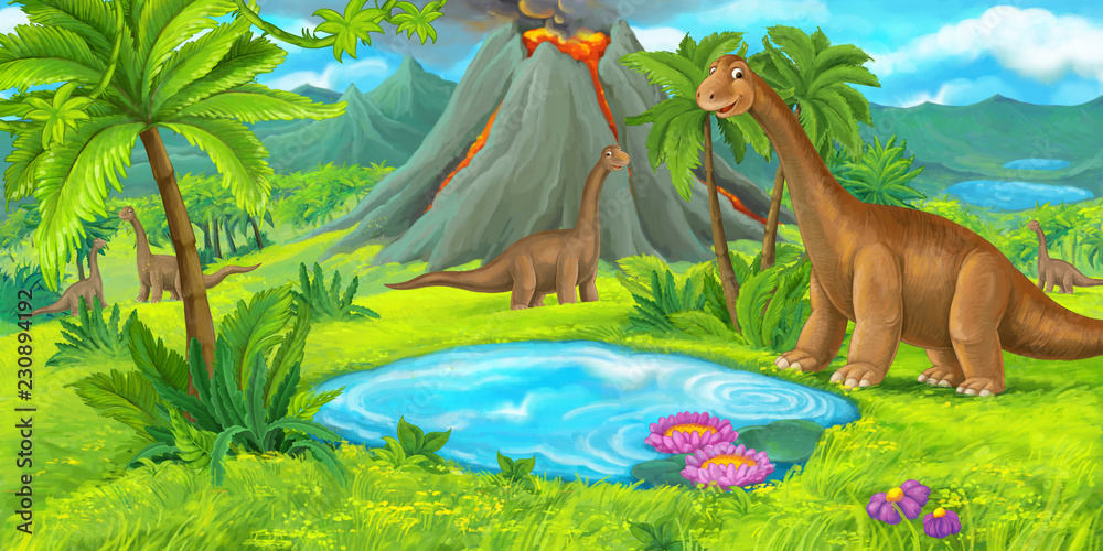 Naklejka cartoon nature floral scene with hills and diplodocus - illustration for children