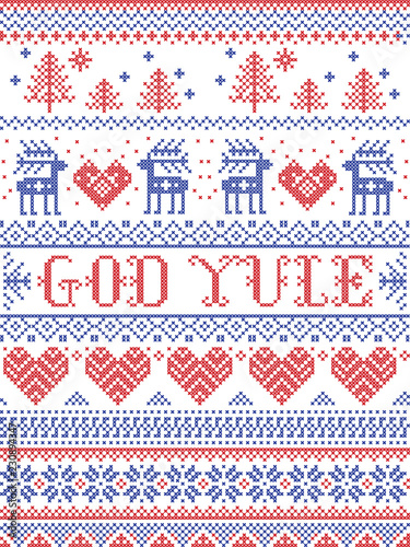 Christmas pattern Merry Christmas in Norwegian God Yule vector seamless pattern inspired by Nordic culture festive winter cross stitch with heart, snowflake, snow, Christmas tree,  reindeer red ,blue