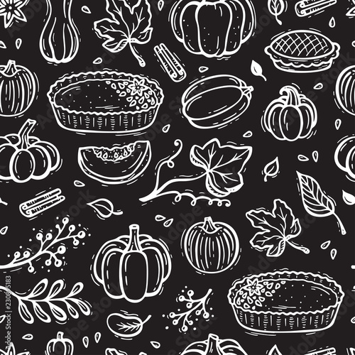 Thanksgiving Vector Background. Autumn Harvest Symbols Seamless Pattern. Hand Drawn Doodle Pumpkin Pie, Vegetables, Different Varieties of Pumpkins, Spices, Leaves.