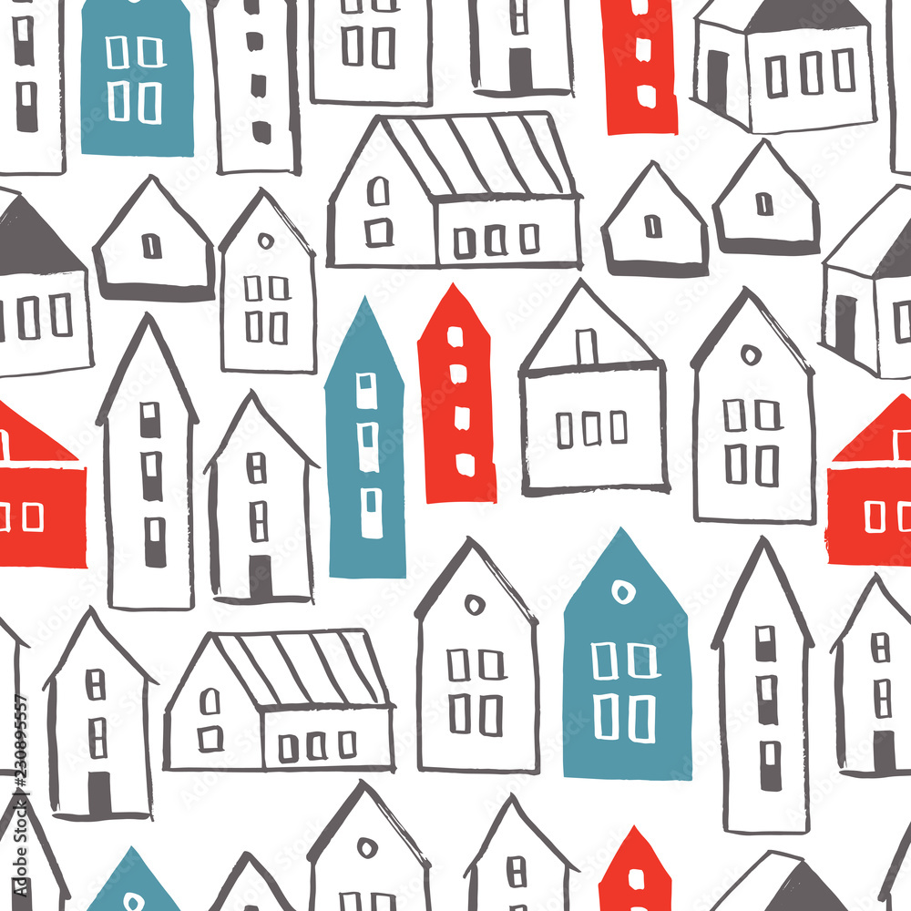Vector  seamless pattern with  hand drawn houses