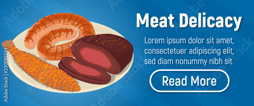 Meat delicacy concept banner. Isometric banner of meat delicacy vector concept for web, giftcard and postcard