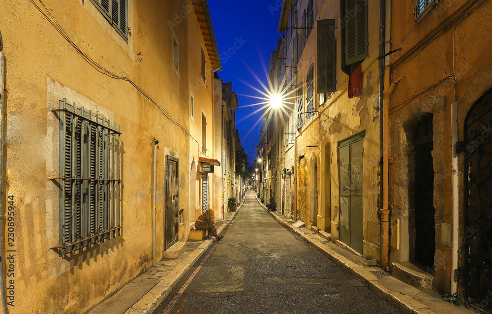 The old street in the historic quarter Panier of Marseille in South France at night