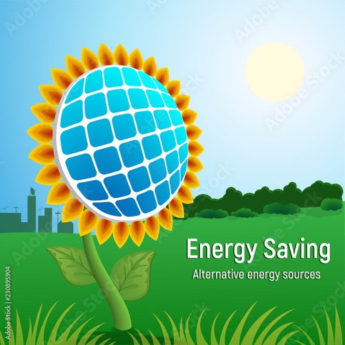 Save energy solar panel concept background. Realistic illustration of save energy solar panel vector concept background for web design