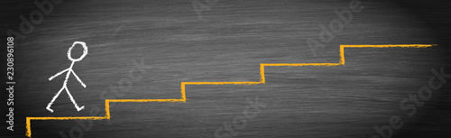 Strichmännchen mit Treppe, Erfolgsleiter, Neuanfang, Neubeginn, Fortschritt, Erfolg, Ziel
