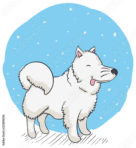 Cute Samoyed under the Snow with Tongue Out, Vector Illustration