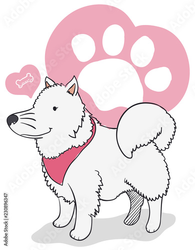 Female Samoyed Dog Thinking about Love and Bones, Vector Illustration