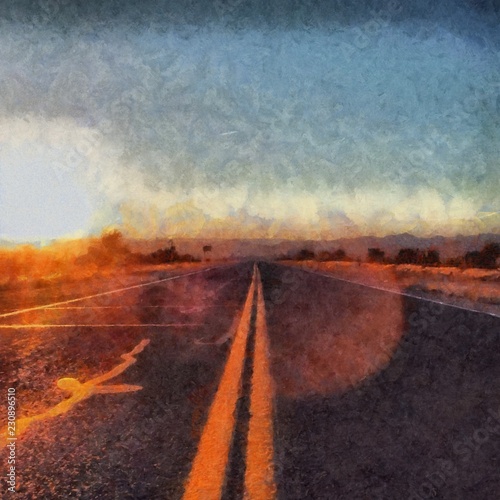 Hand drawing watercolor art on canvas. Artistic big print. Original modern painting. Acrylic dry brush background. Beautiful landscape. Travel view. Exotic tropical resort. Asphalt road. Bright sunset