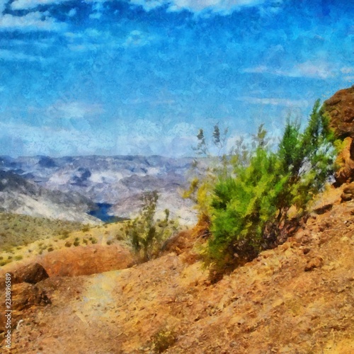 Hand drawing watercolor art on canvas. Artistic big print. Original modern painting. Acrylic dry brush background. Beautiful mountain landscape. Travel canyon view. Exotic tropical resort. Wild nature