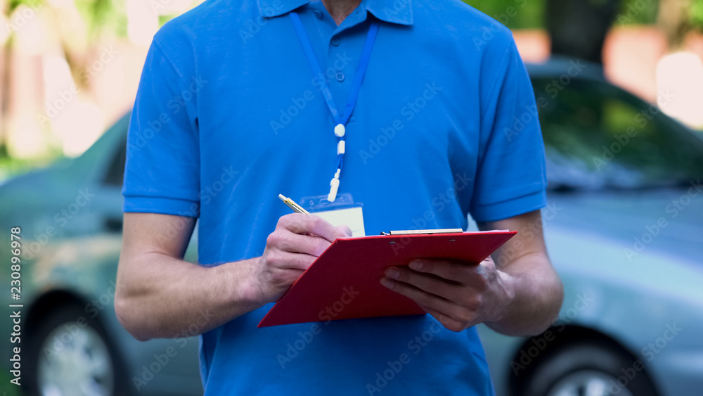 Delivery man giving proof document for signature, paperwork parcel ...