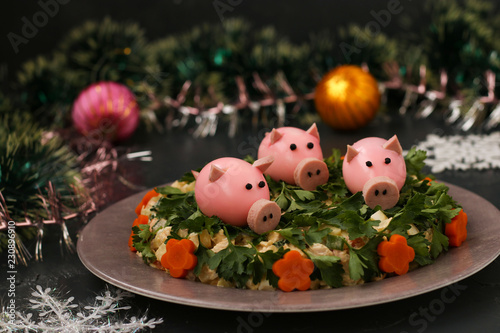 Boiled eggs, piglets, made from eggs, sausage and black pepper, an idea for children. Festive Salad