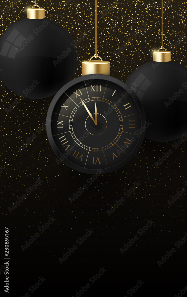 Happy New Year greeting card with clock and Christmas balls.