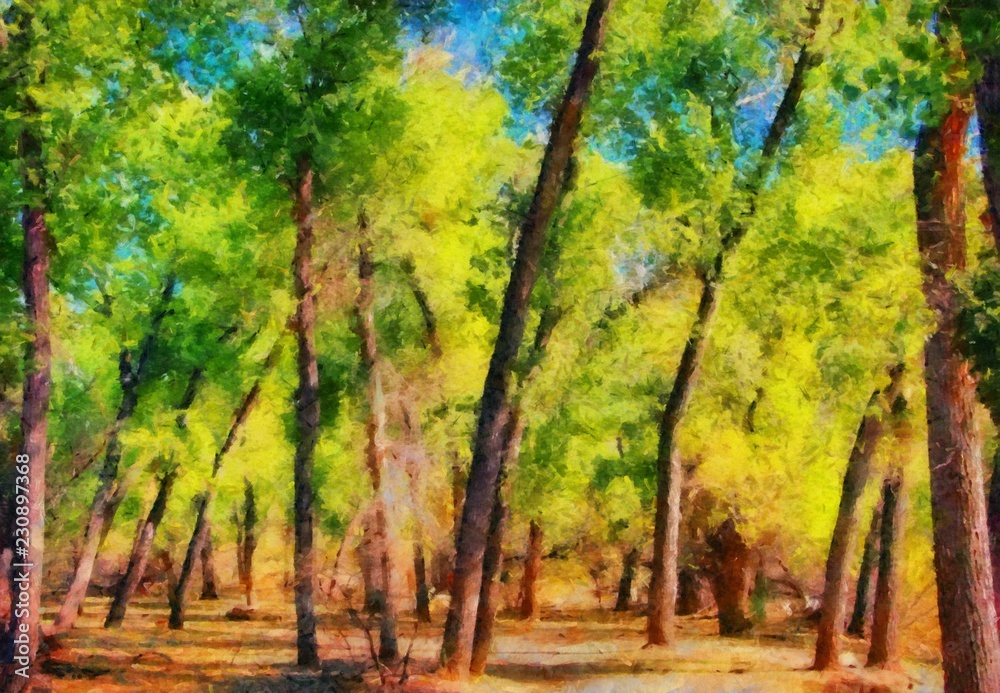 Naklejka premium Hand drawing watercolor art on canvas. Artistic big print. Original modern painting. Acrylic dry brush background. Beautiful summer landscape. Travel view. Green forest tree. Wild nature