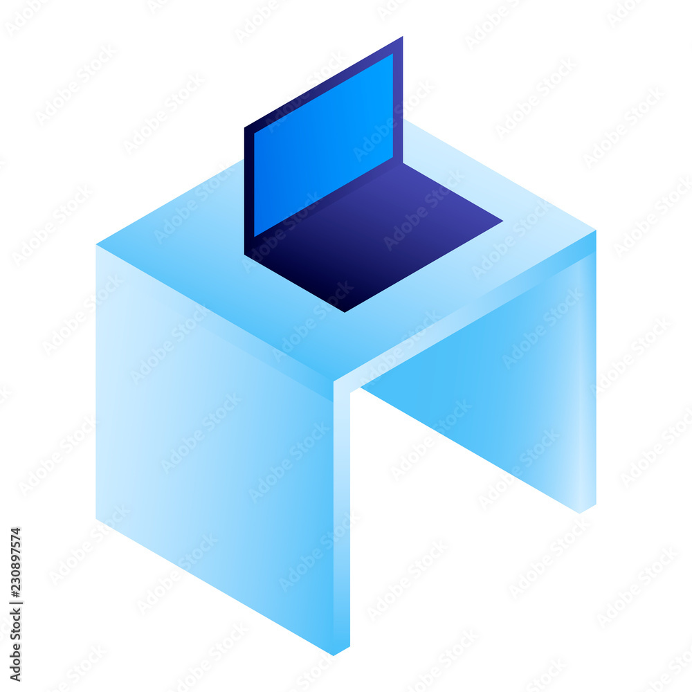 Laptop on desktop icon. Isometric of laptop on desktop vector icon for web design isolated on white background Laptop on desktop icon. Isometric of laptop on desktop vector icon for web design isolated on white background