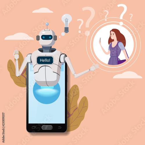 Free Chat Bot, Robot Virtual Assistance On Smartphone Say Hello Element Of Website Or Mobile Applications, Artificial Intelligence Concept Cartoon Vector Illustration