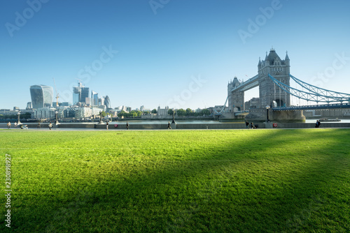 Photography grass and tower bridge in sunny morning London, UK