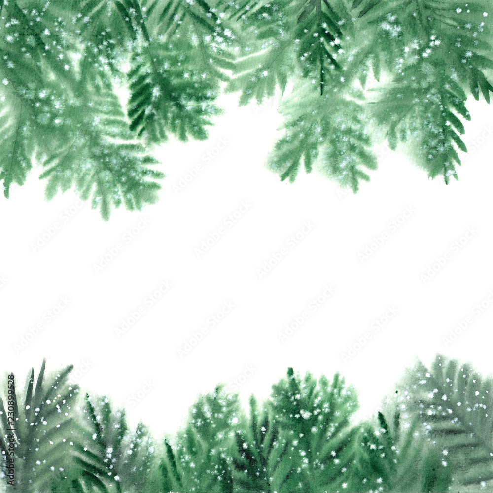 Winter Christmas frame with fir branches and snow. Watercolor illustration on white background. Winter Christmas frame with fir branches and snow. Watercolor illustration on white background.