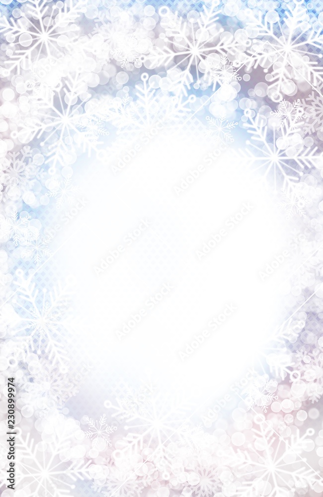 Winter snow and snowflake border frame for invitation, greeting card, poster, background in soft colors