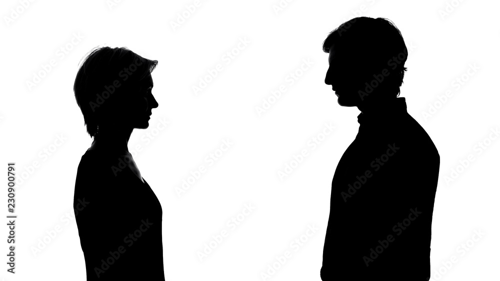 Silhouette of man and woman stand opposite, equal rights, social advertisement
