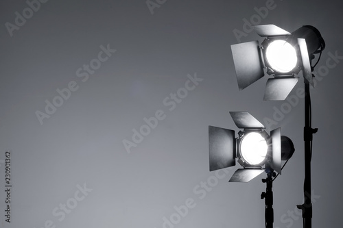 Equipment for photo studio and fashion photography. Light gray background. Ready to shoot concept.