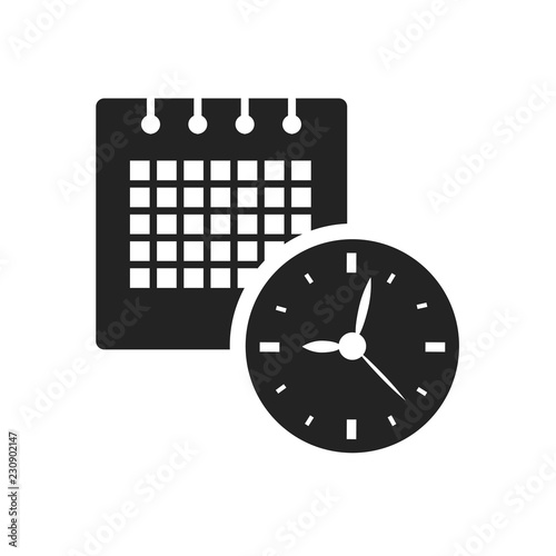 Vector simple black icon of a calendar with a clock – business, travel or vacation theme