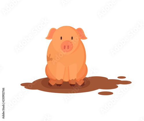 Funny Pink Pig in Dirty Puddle Vector Illustration