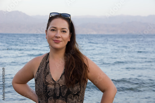 close up portrait young beautiful woman at sea . close up