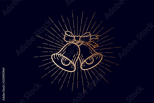 Christmas bells. Golden sign jingle bells with light rays vintage retro graphic in engraving retro style. Icon jingle bells for Happy New Year or Merry Christmas design, banner. Vector Illustration