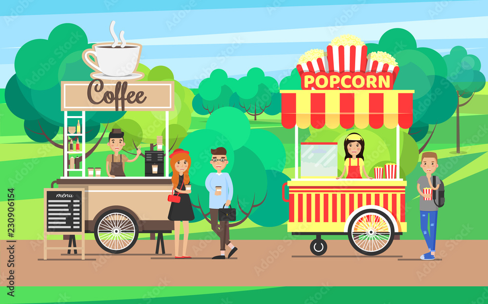 Coffee and Popcorn Sellers Vector Illustration