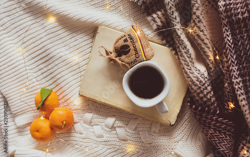 flat lay or top view of a book, cup of coffee, chocolates, mandarin oranges and yellow lights on white and checkered woolen scarf background. Autumn or winter holiday season coffee or breakfast.