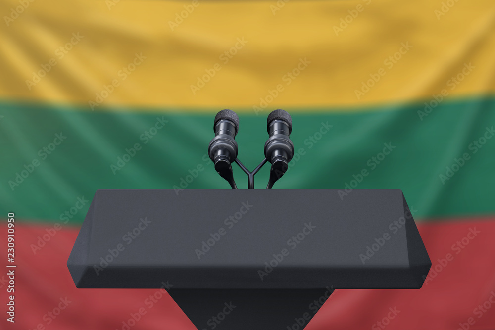 Obraz premium Podium lectern with two microphones and Lithuania flag in background