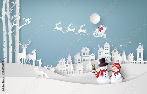 Christmas Paper Cut Town with Santa and Snowmen