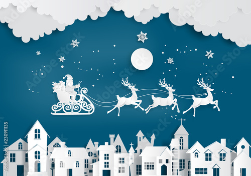 Illustration of Santa Claus on the sky coming to City