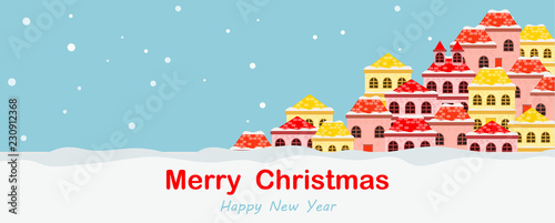  Merry Christmas greeting card, banner with colorful winter landscape village and houses, vector illustration