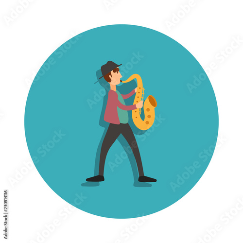 Jazzman in hat with saxophone icon. Elements of Musician Kompazisya in badge style icons. Simple icon for websites, web design, mobile app, info graphics