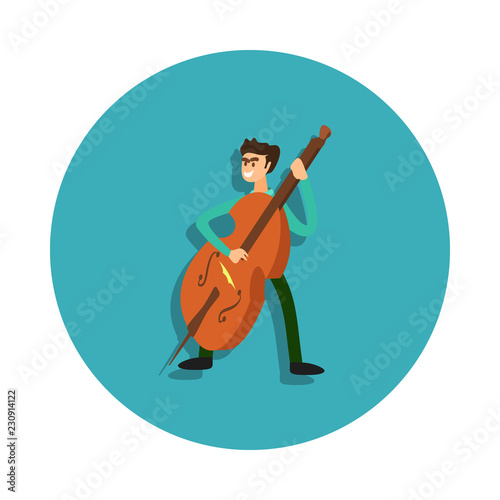 happy brunette male character contrabass player icon. Elements of Musician Kompazisya in badge style icons. Simple icon for websites, web design, mobile app, info graphics