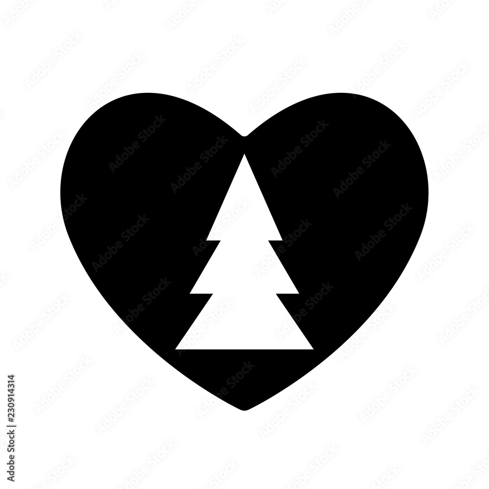 Christmas tree icon black in heart valentine. Symbol New Year love. Sample silhouette flat simple design. Fir-tree bazaar, fair of modern printed, posters, business card, web, add. Vector illustration Christmas tree icon black in heart valentine. Symbol New Year love. Sample silhouette flat simple design. Fir-tree bazaar, fair of modern printed, posters, business card, web, add. Vector illustration