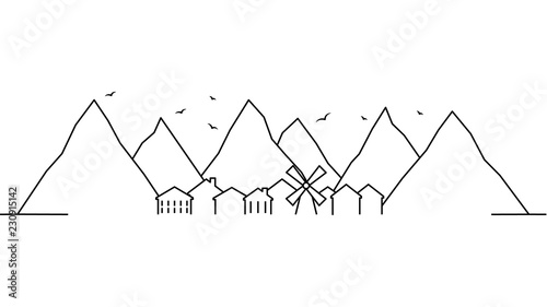 City landscape template. Thin line City landscape. Cityscape, mountain Isolated outline illustration. Urban life Vector illustration
