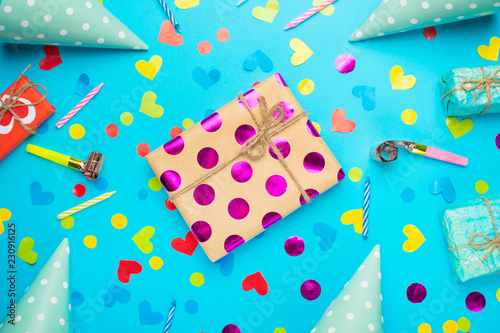 Birthday. background, gift, carnival hat, confetti. Flat style.