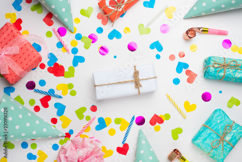 Birthday. background, gift, carnival hat, confetti. Flat style.