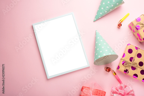 Birthday banner or background, gift, carnival cap, confetti. Flat style. Copy space for greeting text.