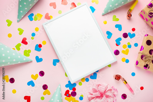 Gifts, caps, confetti for the party birthday, and congratulations. With an empty space for the inscription