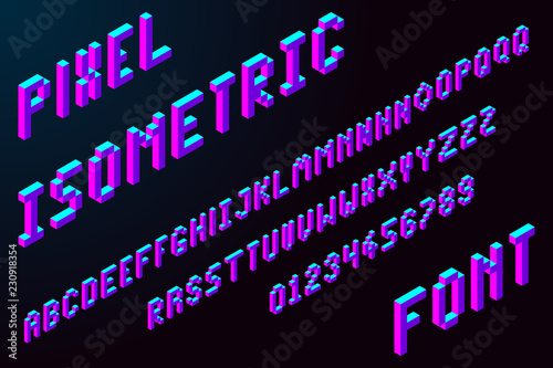 3d pixel isometric font in modern color, stock vector illustration