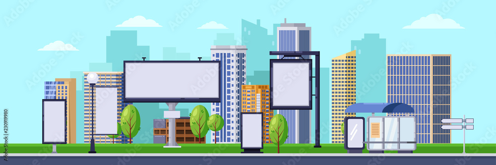 City advertising illustration. Vector cityscape with blank billboards and banners. Business promotion and advertisement - obrazy, fototapety, plakaty 