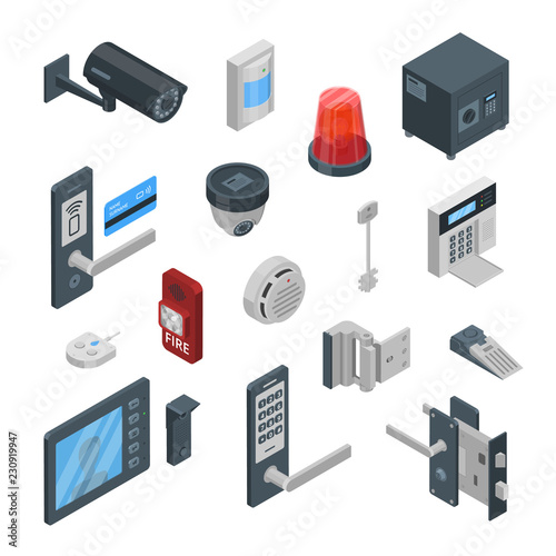 Home security systems vector 3d isometric icons and design elements. Smart technologies, safety house, control concept.