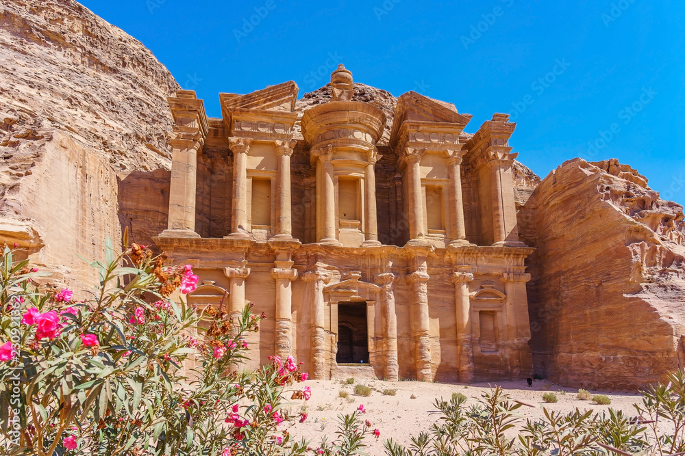 Famous facade of Ad Deir in ancient city Petra, Jordan. Monastery in  ancient city of Petra.