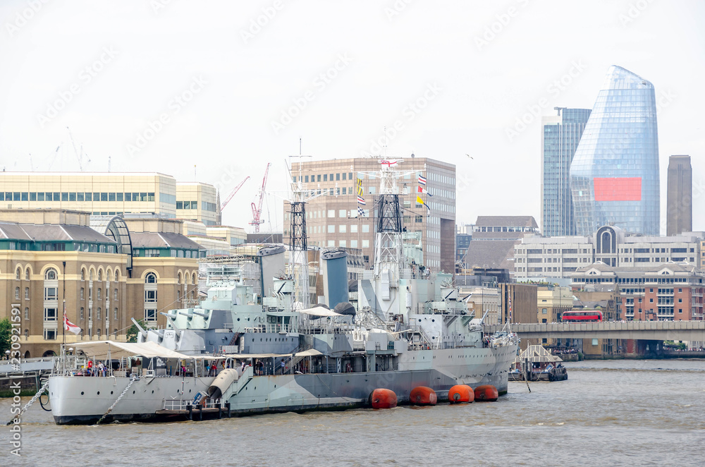 HMS Belfast a Royal Navy light cruiser on the River Thames in London,United Kingdom